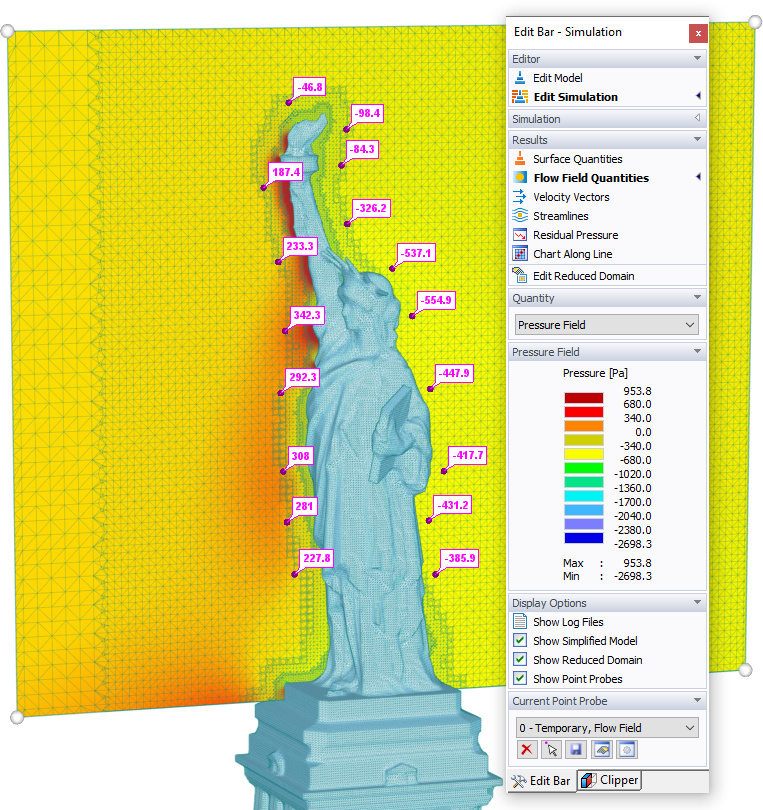 Sonde dei risultati del campo di pressione definite sulla mesh del volume finito